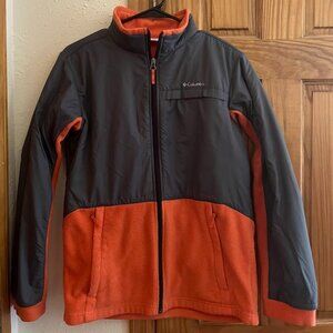 Columbia Zip Fleece Jacket with Nylon Overlay, Orange & Gray, Youth XL (18/20)